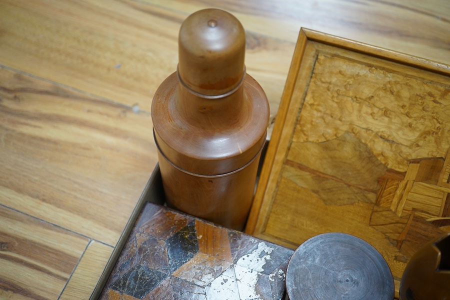 A collection of mixed Tunbridge, Mauchline and treen boxes, a perpetual calendar postal ruler, containers, plaques, measures, etc. (14). Condition - poor, fair and good